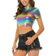 thumbnail image 4 of INSPIRE CHIC Women's Mock Neck Party Short Sleeve Metallic Crop Tops M Multicolor, 4 of 6