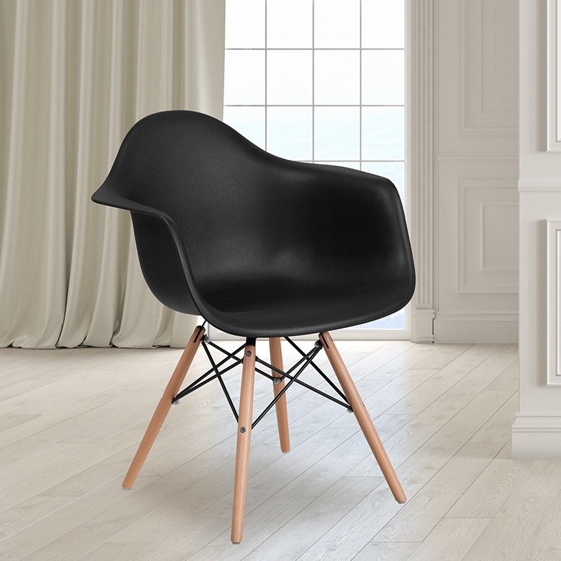 Black Plastic Chair with Arms and Wooden Legs
