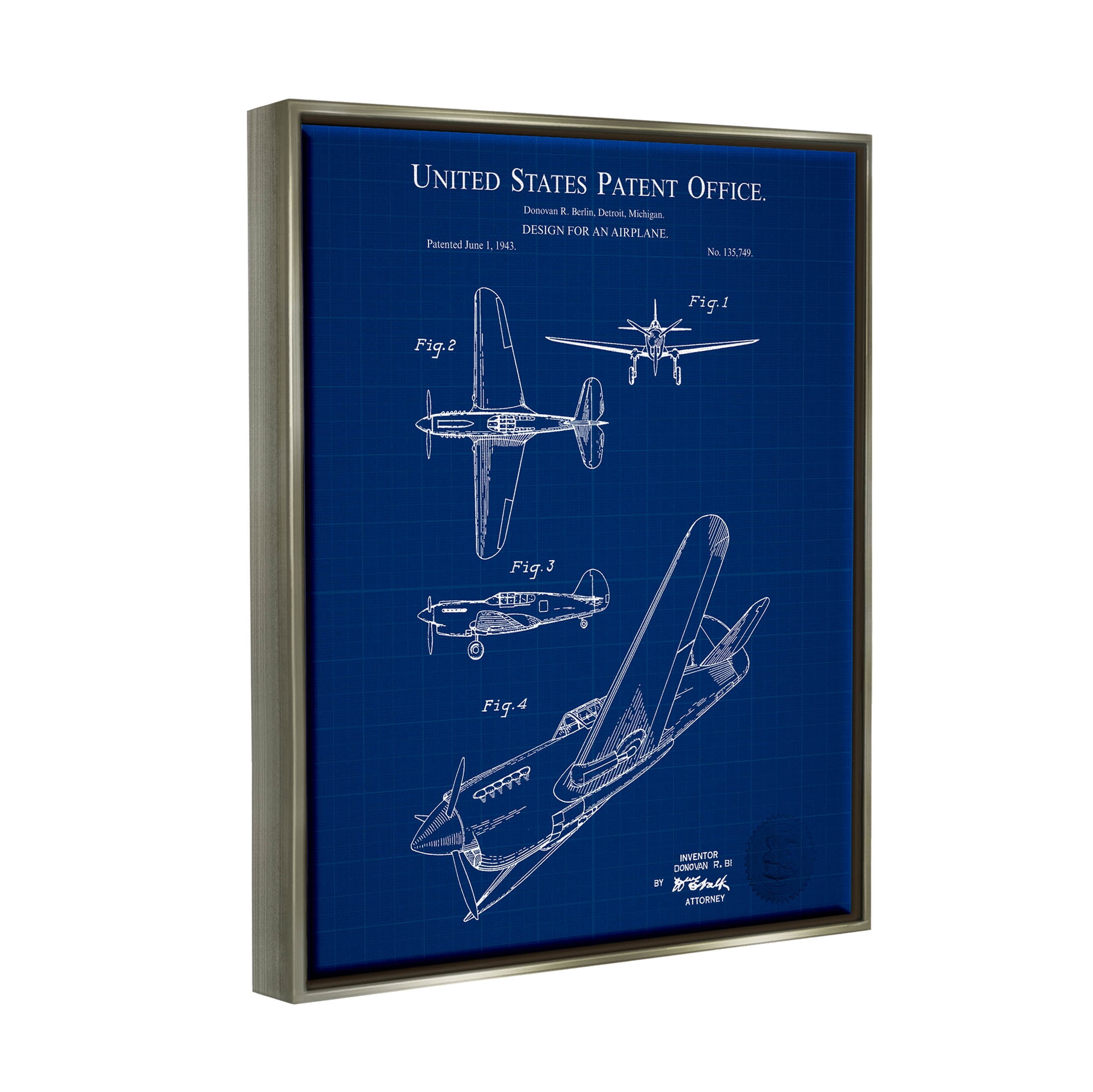 Stupell Industries Vivid Aircraft Blueprint Patent Graphic Art Luster Gray Floating Framed Canvas Print Wall Art, Design by Karl Hronek