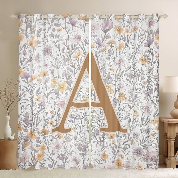 Homewish Letter A Monogrammed Black Out Curtains,Retro Rustic Flower Curtains Pack of 2 (42x63 Each),Countryside Plant Bedroom Curtains For Child,Microfiber Room Decorative