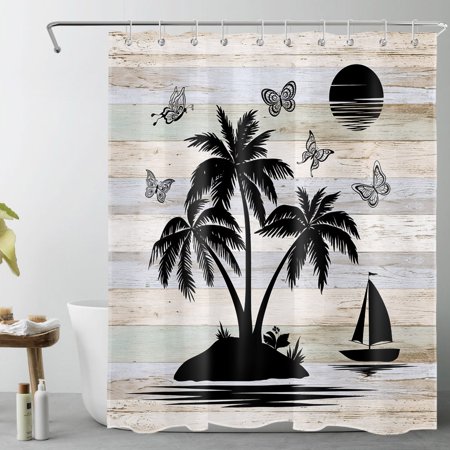 HVEST Country Nature Shower Curtain for Bathroom,Butterfly and Palm Tree Sailboat Fabric Shower Curtain with Hooks,Vintage Wood Board Bathroom Curtain Shower Set, 60x72 inches