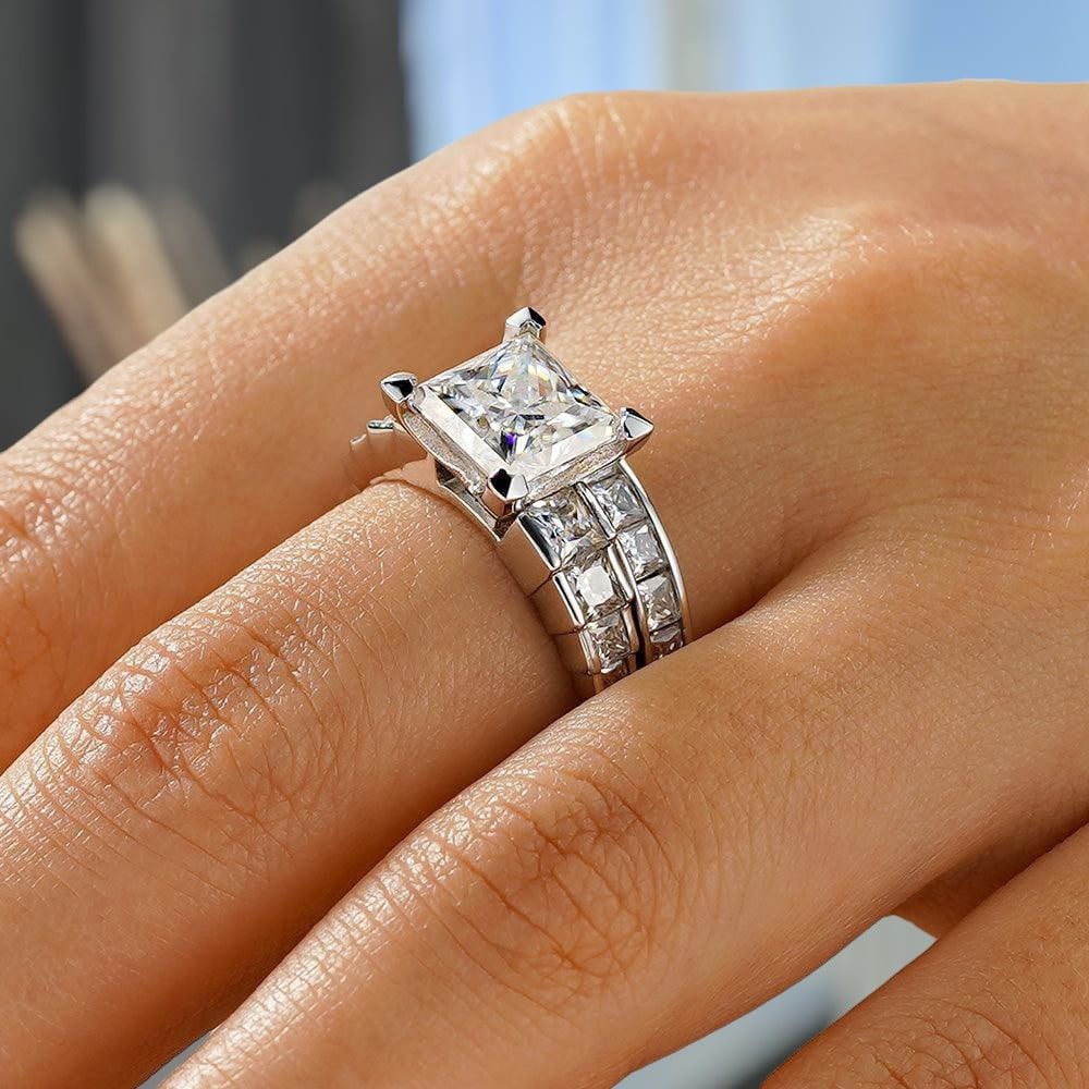 ESTE ORIGIN 4Ct Princess Cut Moissanite Engagement Ring Set - Bridal Wedding Ring Set with Eternity Band 14K Rose Gold US 6.5