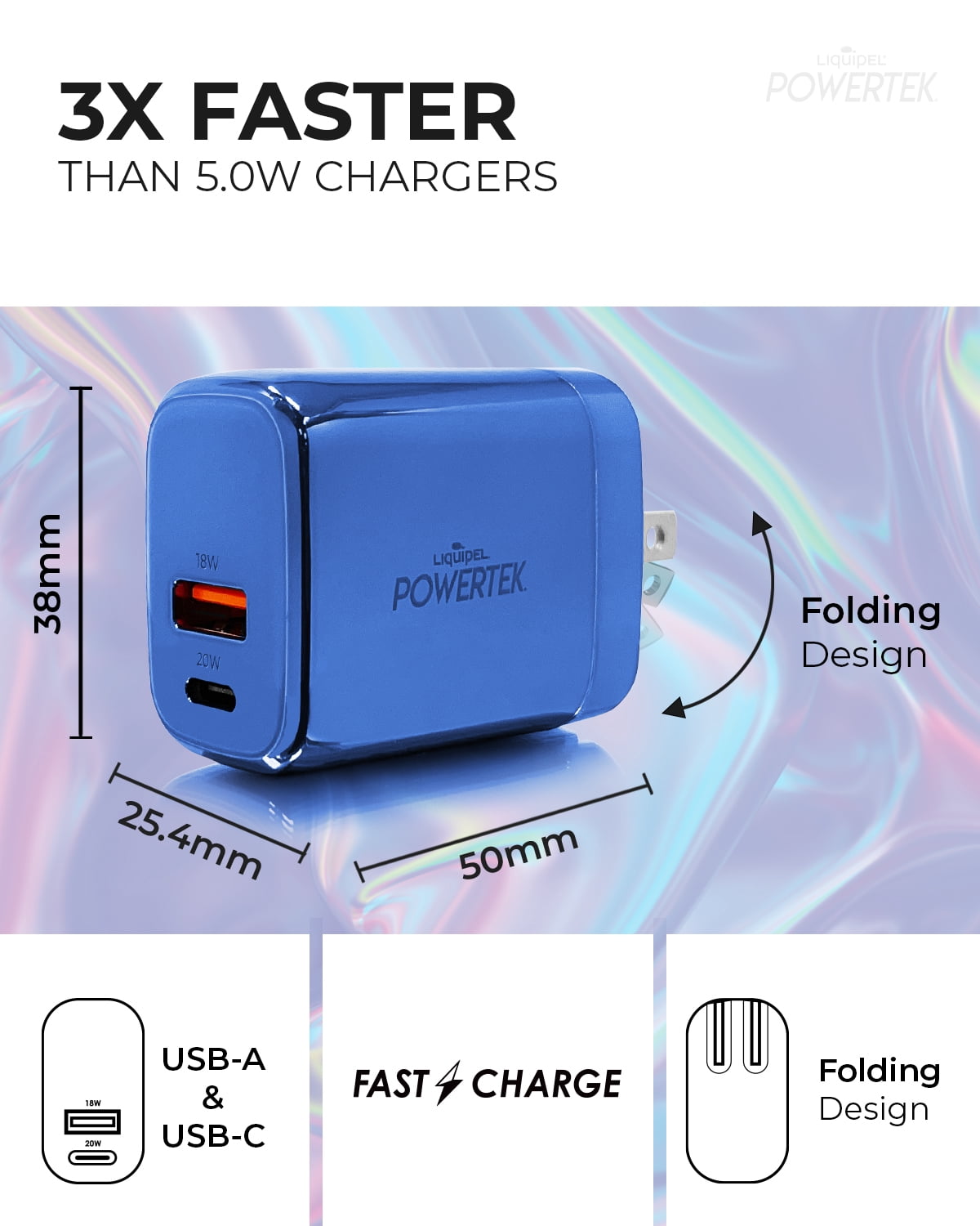 Liquipel Powertek 20W PD USBC and 18W USB A Dual Port Wall Block Charger, Type C Fast Charging Cube, Wall Power Adapter with Foldable Plug, Metallic Shine Light Blue