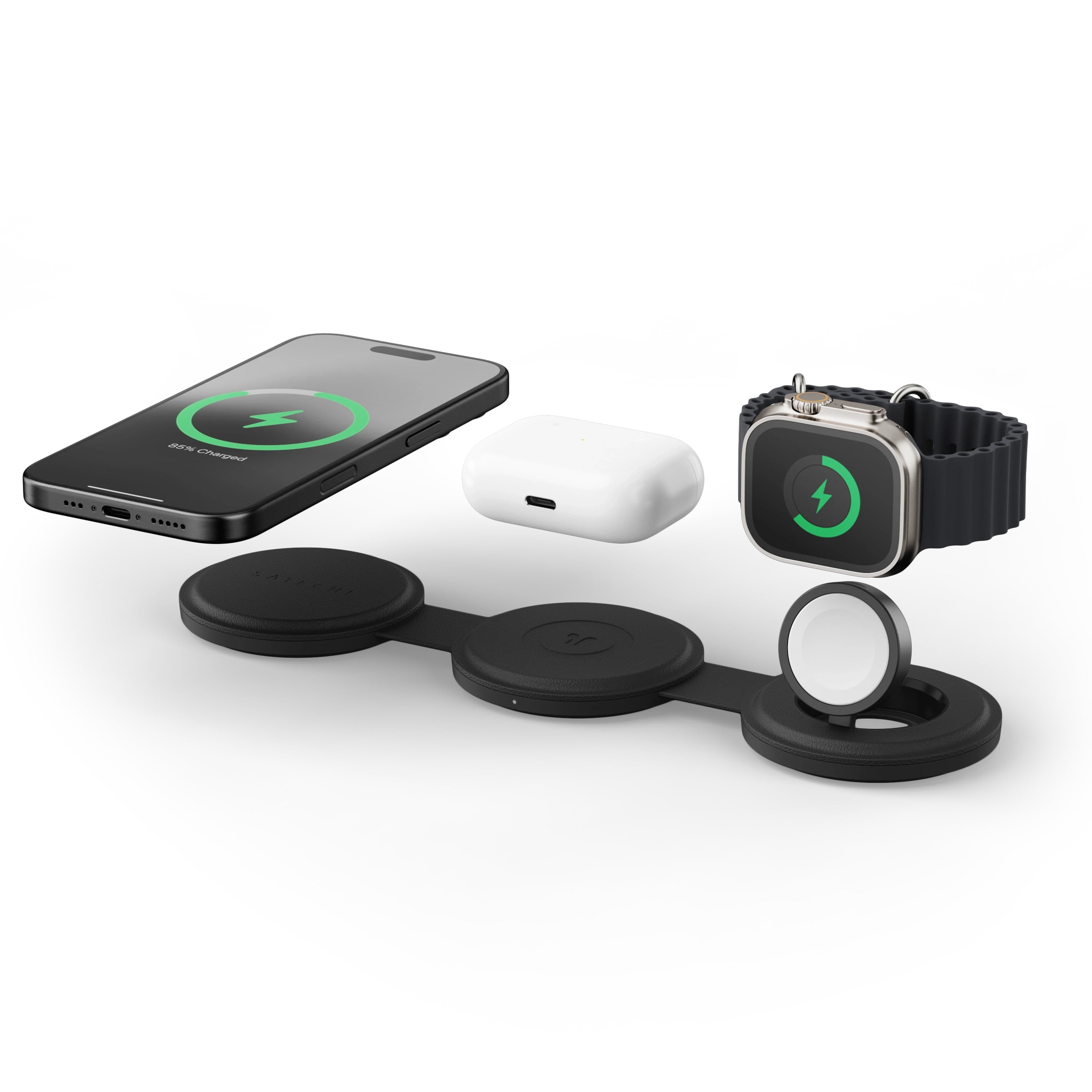 Satechi OntheGo 3 in 1 Wireless Charger, Qi2 Portable Charger with 15W Fast Charging for iPhone 17 to 12 Series, 5W for Apple Watch, and 5W for AirPods, Magnetic Travel Charging Station