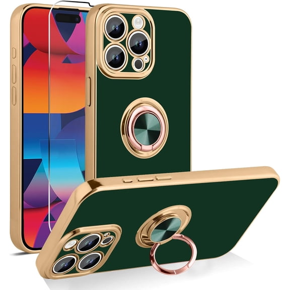 Compatible with iPhone 15 Pro Case with Ring Stand, [Military Grade Drop Protection] [Screen Protector] Slim Shockproof Soft TPU Protective Case for iPhone 15 Pro, Green