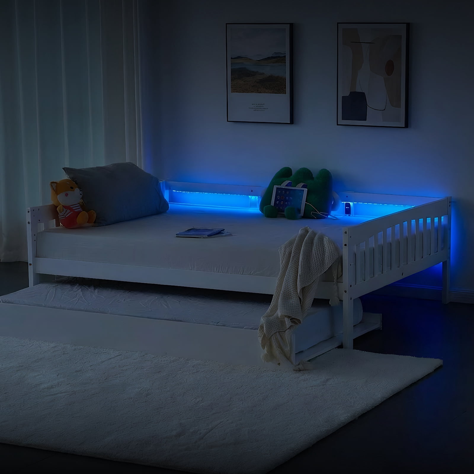 Zimtown Solid Wood Full Daybed with Trundle, Day Bed Frame with Charging Station and Lights, White