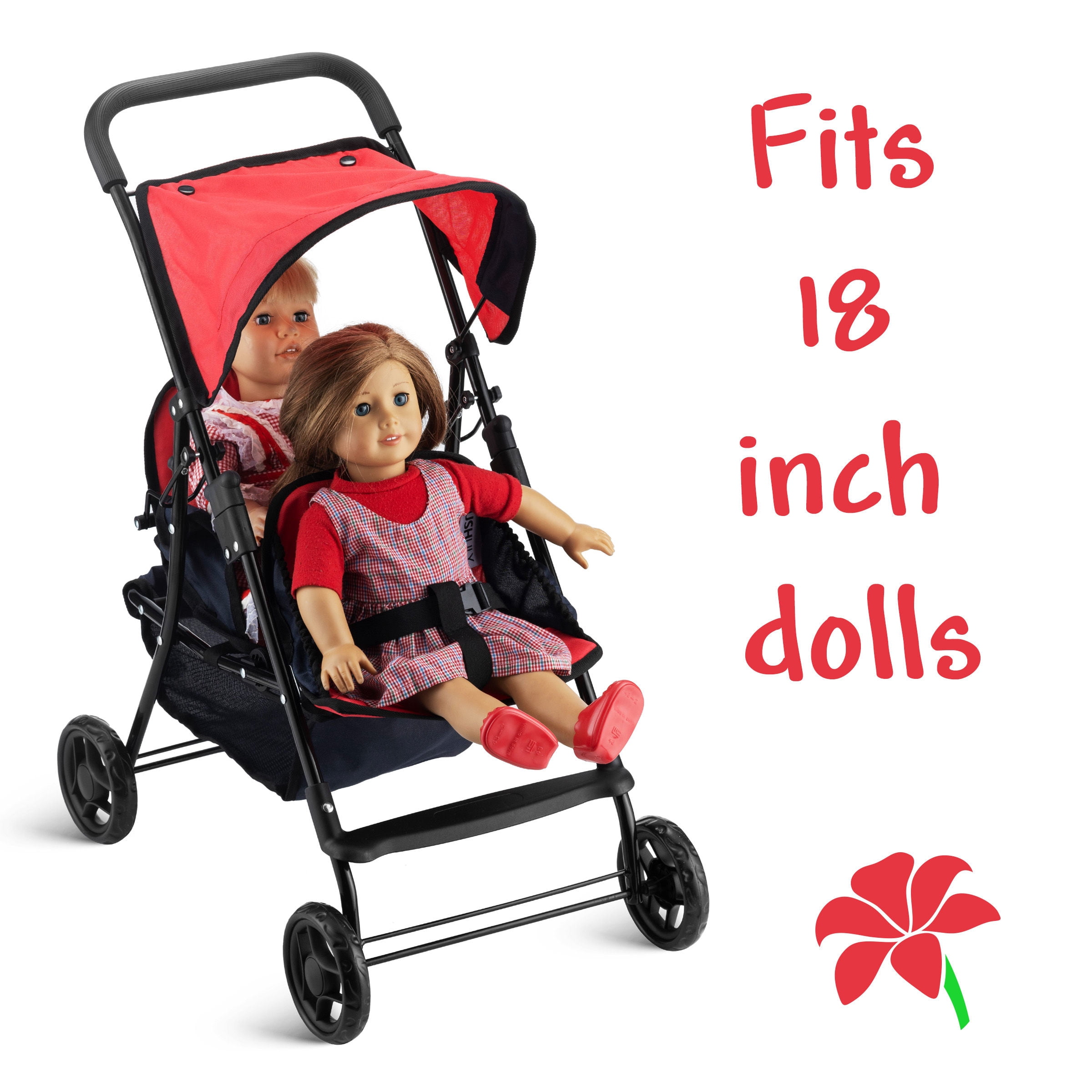 HUSHLILY - Tandem Double Doll Stroller with Adjustable Canopy & Basket, Foldable, with Smooth Rolling Wheels (Red & Blue)