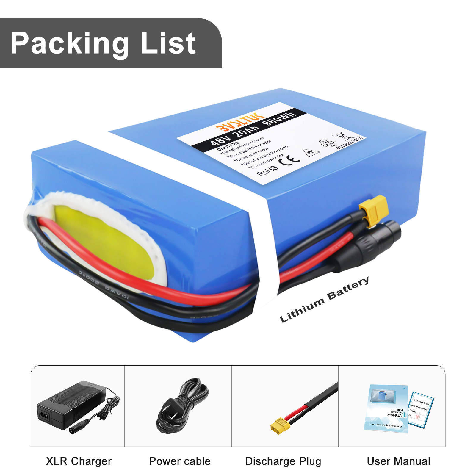 BVSLTUK 48V Battery 20AH Lithium Battery Pack for Ebike, Scooter, Go Kart and Other Motors 2000W 1800W 1500W 1200W 1000W 750W 500W Waterproof PVC Ebike Battery(W/50 ABMS, 3A Charger)