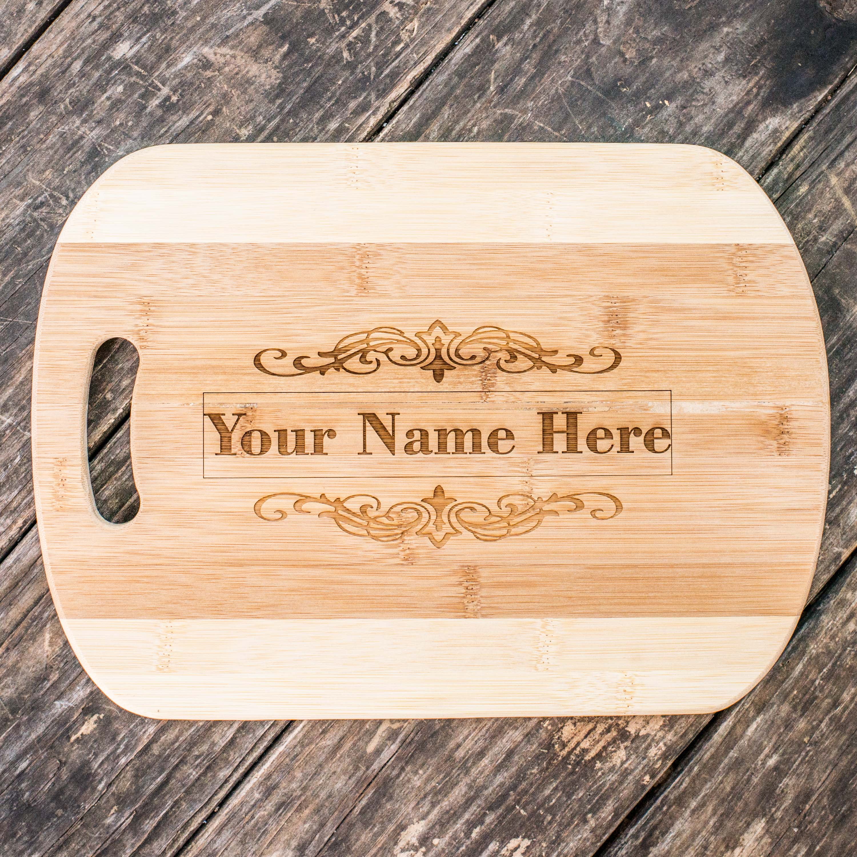 Personalized Couples Names Two-Toned Bamboo Cutting Board with Handle 9.75 x 13.5