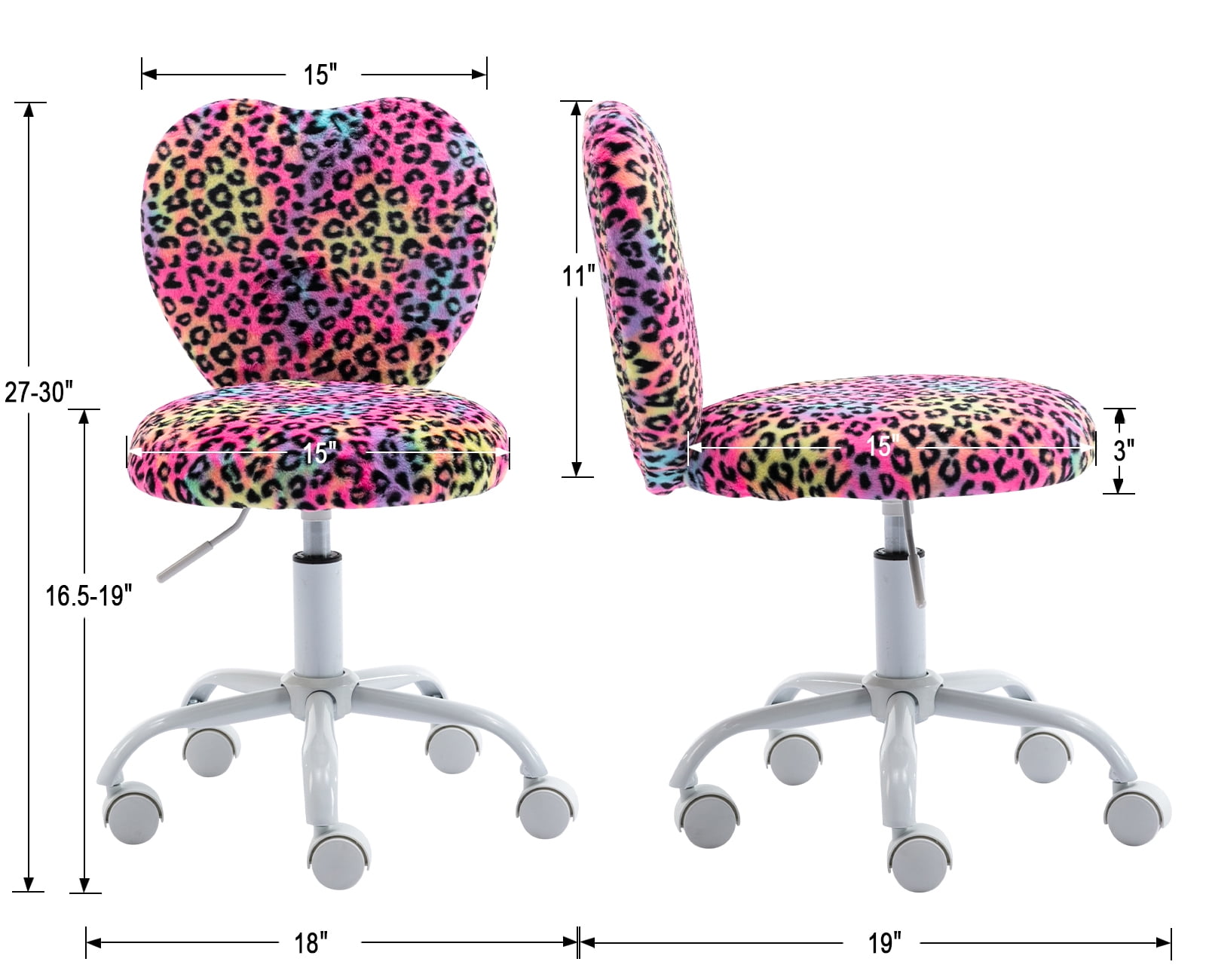 Guyou Cute Fluffy Kids Chair for Teen Girls Rolling Study Desk Student Chair, Fluffy Computer Task Chair, Adjustable Heart Shaped Bedroom Reading Dresser Chair, Leopard