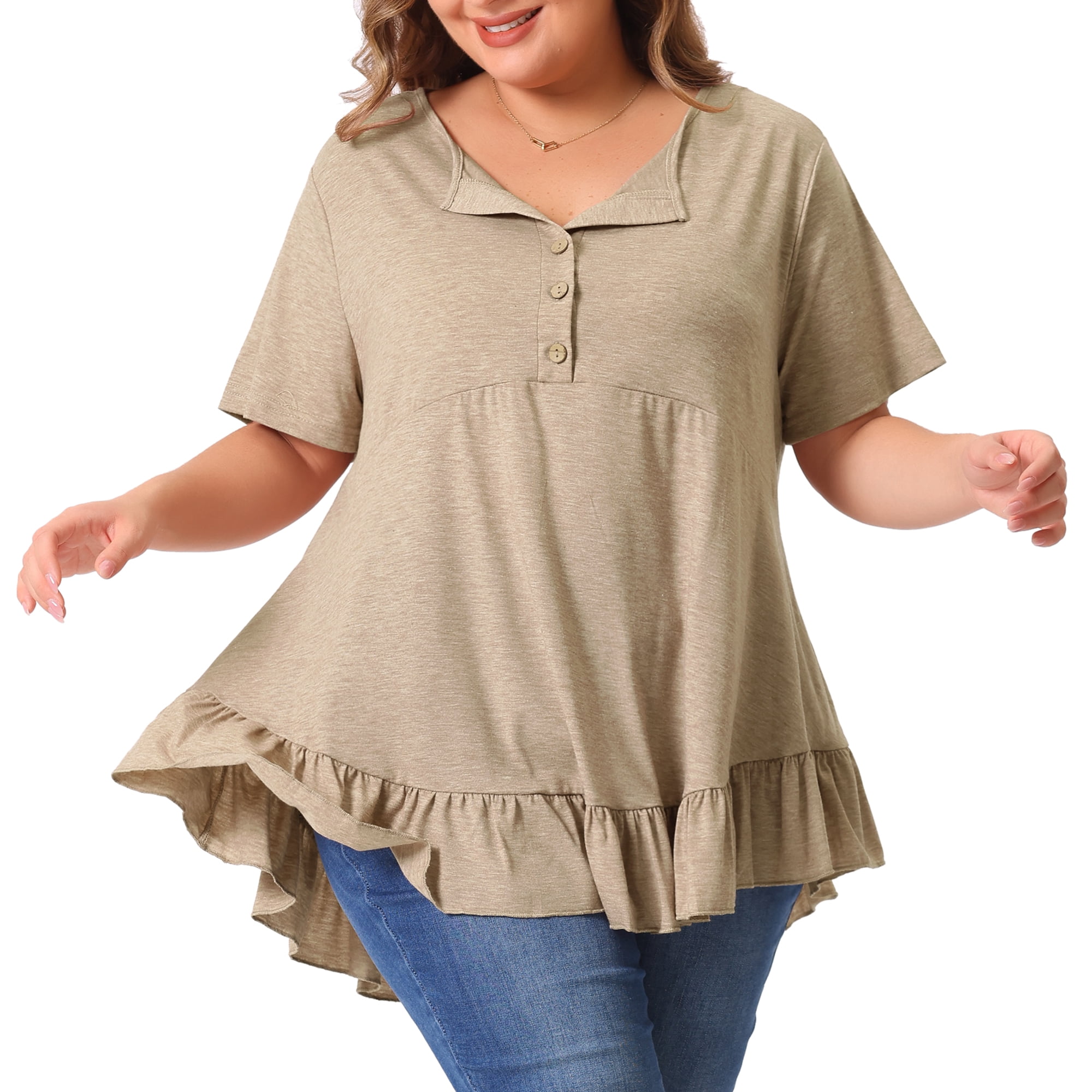 Women's Plus T Shirts Henley V Neck Button Up Short Sleeve Ruffled Hem Blouses Tops 2X Khaki Brown