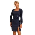 thumbnail image 1 of Vestido De Mujer De Manga Larga De Gasa Con Panel De Contraste Frontal Fruncido Y Cuello Cuadrado Azul Oscuro S, 1 of 6