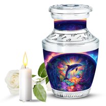 JAGASY Dolphin Funeral Small Urn for Ashes Adult Male, Purple Urns for Ashes Keepsake, Colorful Illustration Decorative Urns for Sister, Coral Reef Cremation Urn for Brother, (3 Inch)