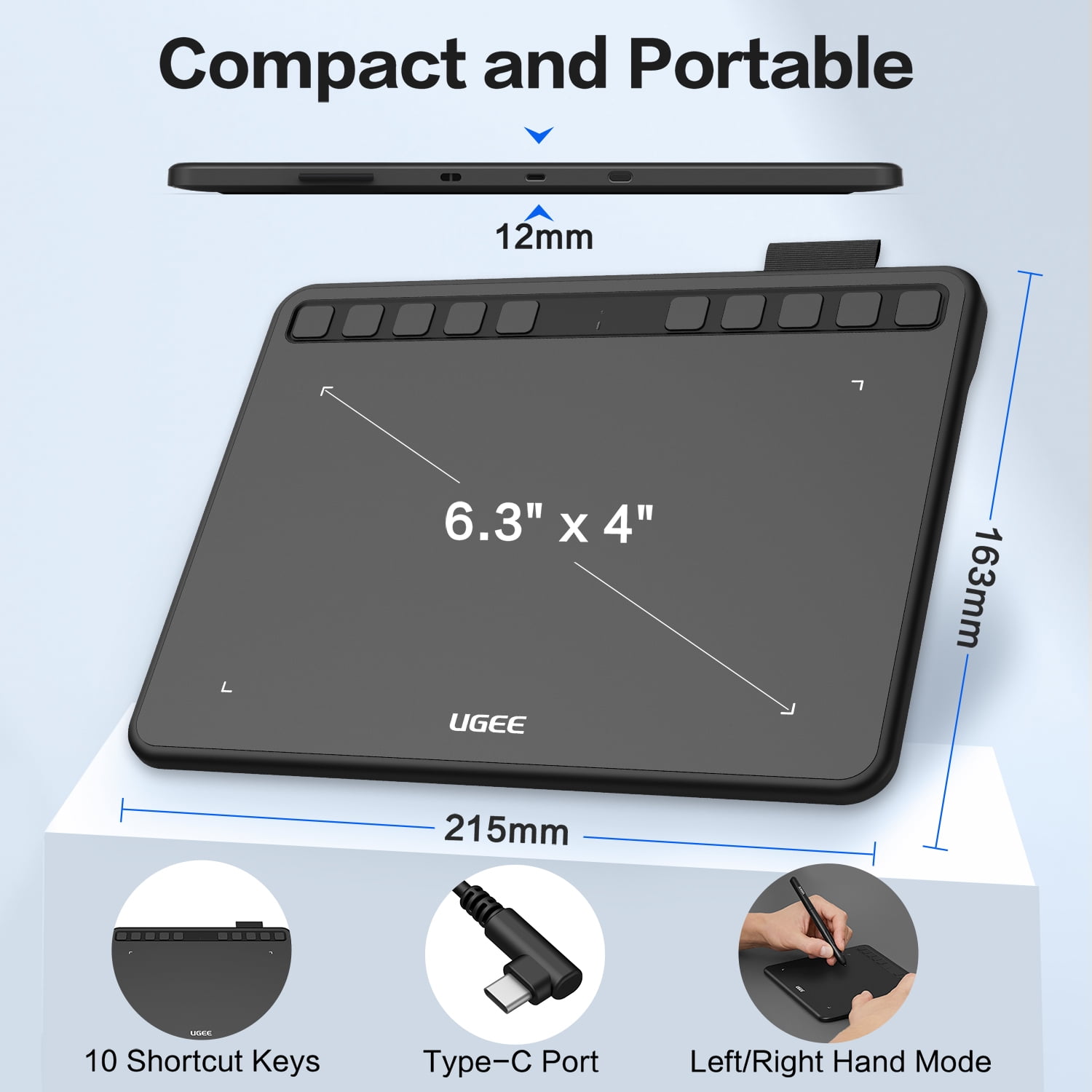 Ugee Drawing Tablet S640 Digital Graphics Pad with Battery-Free Stylus Tilt Function 8192 Pressure Sensitivity 10 Express Keys Pen Tablet For.