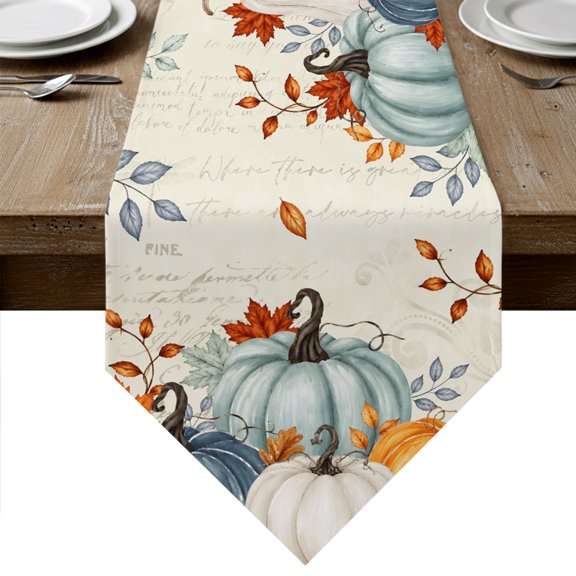 Orange Blue Pumpkins Fall Table Runner Linen Burlap Table Runner 60 Inches Long Thanksgiving Maple Leaves Autumn Dresser Scarves for Kitchen Island Coffee Dining Room Party Holiday Decoration 13"x60"