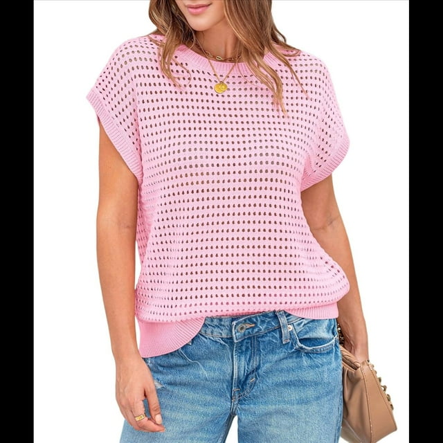 Top de Crochet con Cuello Redondo y Corta para Mujer, Color Rosa Talla S