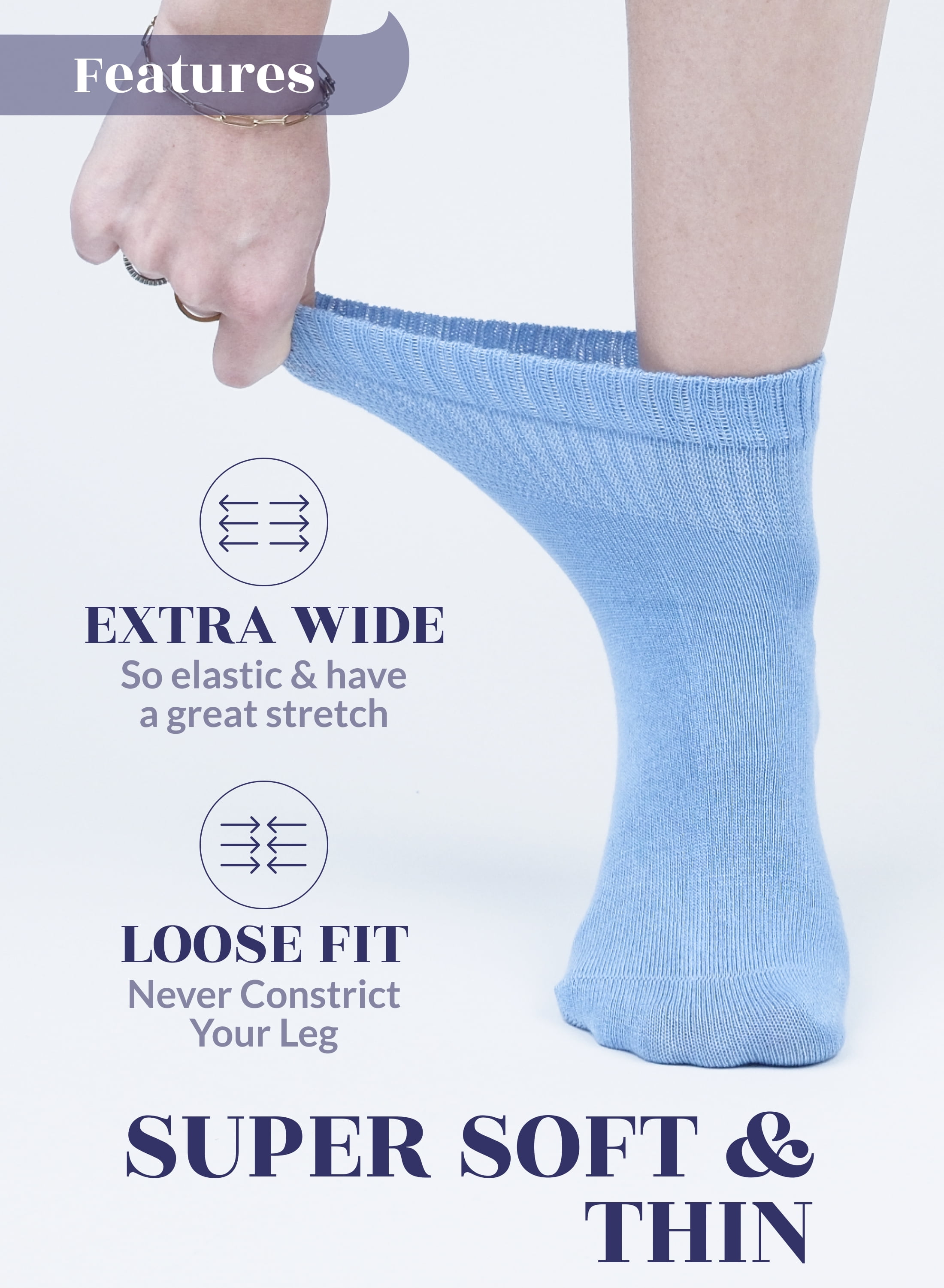 HUGH UGOLI Women Diabetic Ankle Socks, Super Soft & Thin Bamboo Socks, Wide & Loose, Non-Binding Top & Seamless Toe, 4 Pairs, Blue, Shoe Size: 10-12