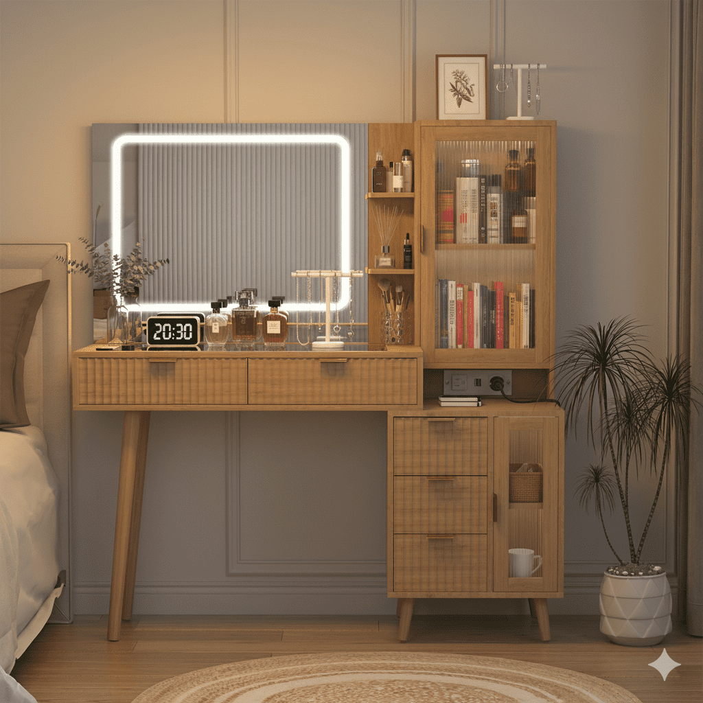 Wooden Vanity Desk with Mirror and Lights, 49" Boho Fluted Makeup Vanity Table with Modern Glass Top, Charging Station, 5 Drawers, 2 Cabinet with Adjustable Shelves, Salon Station, Natural Oak
