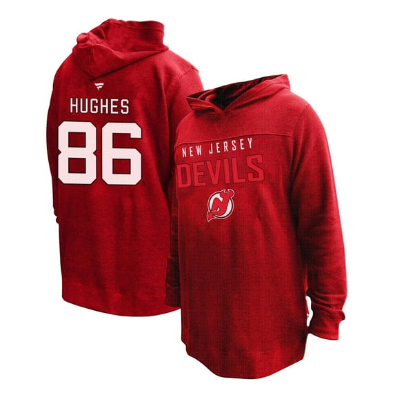 Women's Profile Jack Hughes Red New Jersey Devils Plus Size Name & Number Thermal Pullover Hoodie
