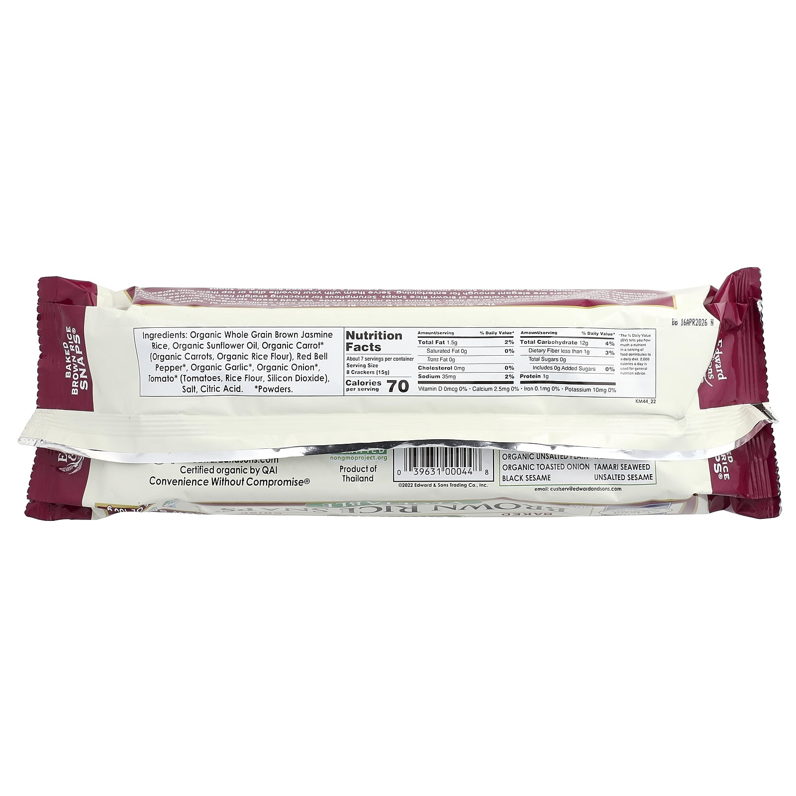Edward And Sons Brown Rice Snaps, Vegetable, 3.5 Oz.