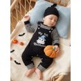 thumbnail image 5 of RUINIXCW Baby Boy Halloween Outfit Striped Crew Neck Long Sleeve Romper Pumpkin/Ghost Embroidery Overalls and Hat 3 Pcs Set, 5 of 9