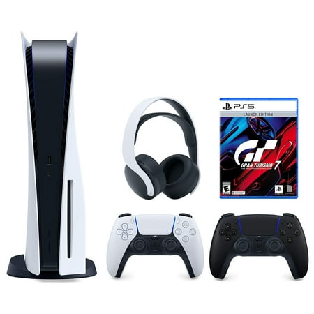 Sony Playstation 5 Disc (PS5 Disc) with Extra Black Controller, Gran Turismo 7 Launch Edition and White PULSE 3D Headset Bundle