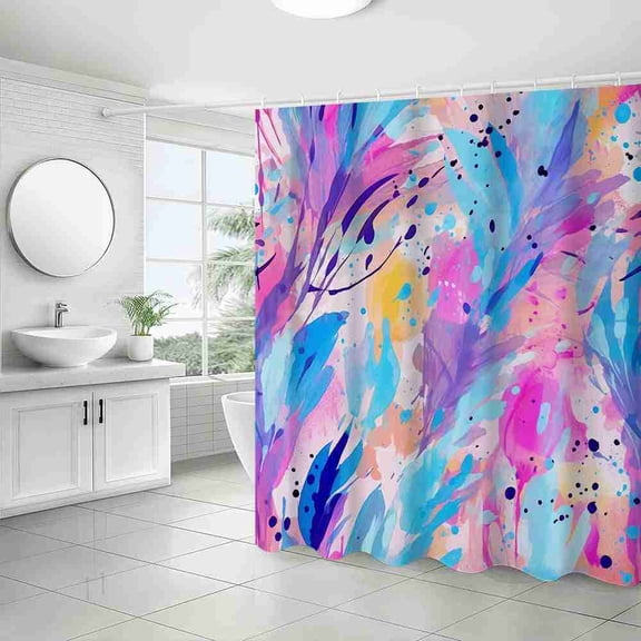 70x70 inch Abstract Colorful Watercolor Feather Shower Curtain, Waterproof Polyester Fabric with Hooks for Bathroom Decor