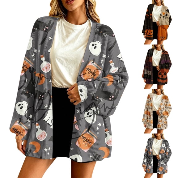 Breezora Women's Casual Oversized Knit Open Front Cardigan with Halloween Pumpkin Print Long Sleeve Loose Cozy Sweater Coat