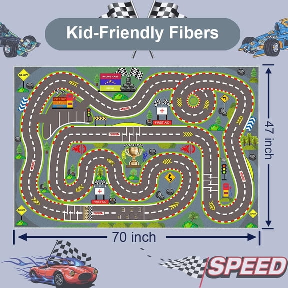 Kids Race Track Playmat Rug - 70x47 in, Teal