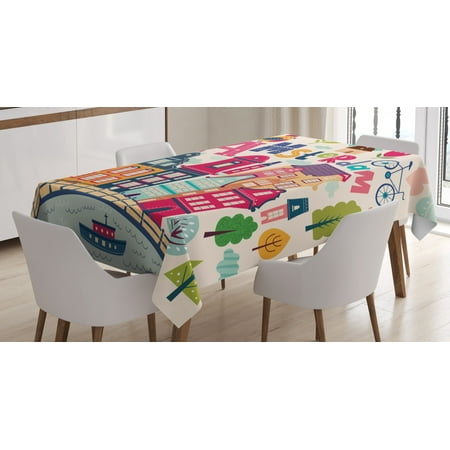 

Dutch Tablecloth Cartoon Style Amsterdam Architecture Illustration with Colorful City Icons and Trees Rectangular Table Cover for Dining Room Kitchen 60 X 84 Inches Multicolor by Ambesonne