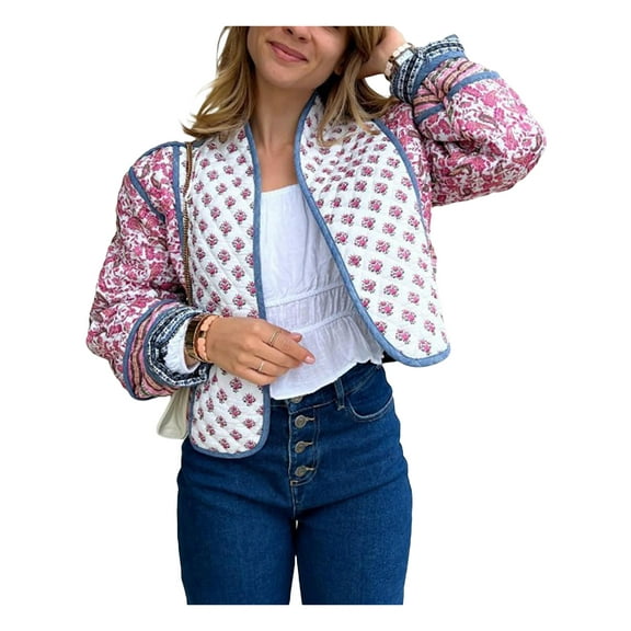 Michellecmm Women's Short Puffer Jacket Floral Print Stand Collar Open Front Quilted Coat Fall Winter Long Sleeve Padded Jacket Outerwear