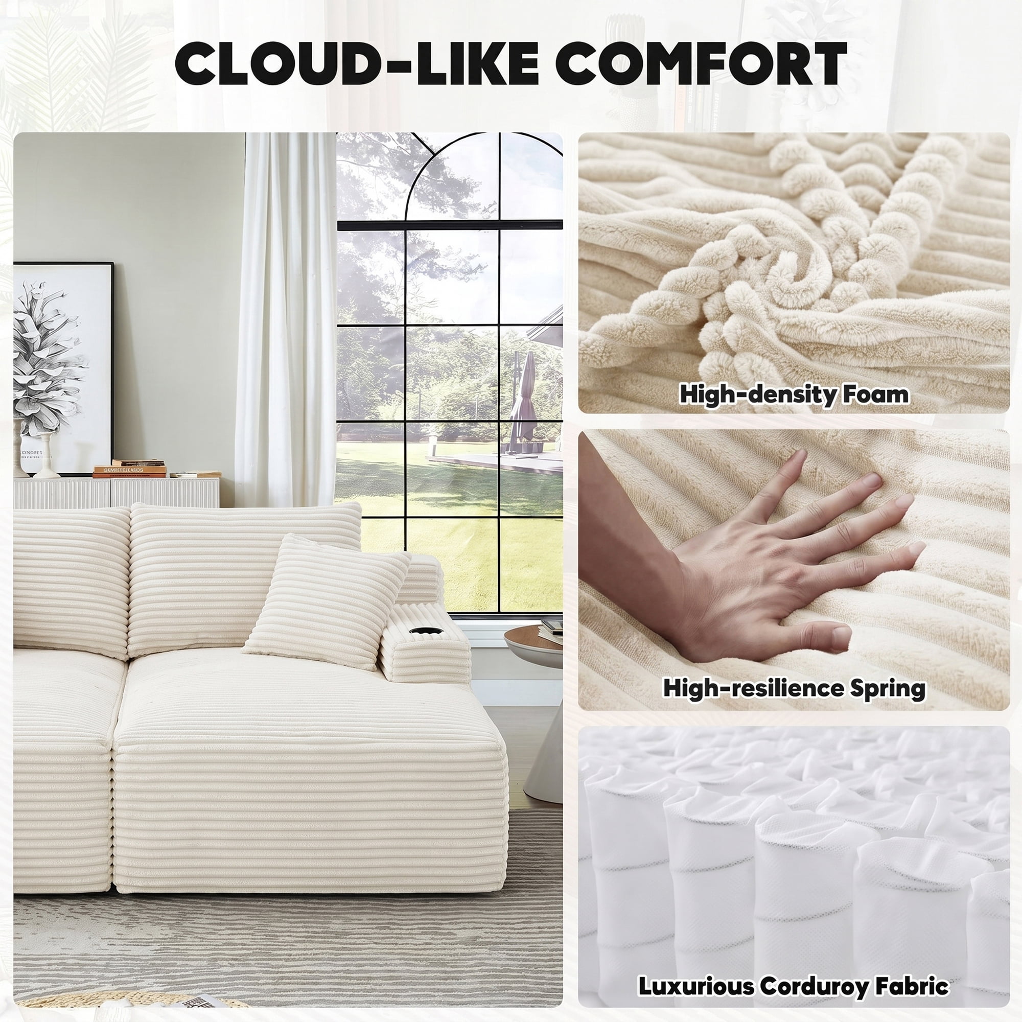 Aukfa 69" Oversized Double Chaise Lounge Boneless Couch Modular Loveseat Sleeper Sofa Bed for Living Room, 2 Cup Holders, Corduroy, Beige