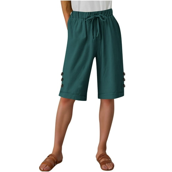 CheerKidz Women's Linen Blend Bermuda Shorts Summer Elastic Waist Button-Fly Casual Shorts with Pockets Knee-Length Beach Shorts(Green,L)
