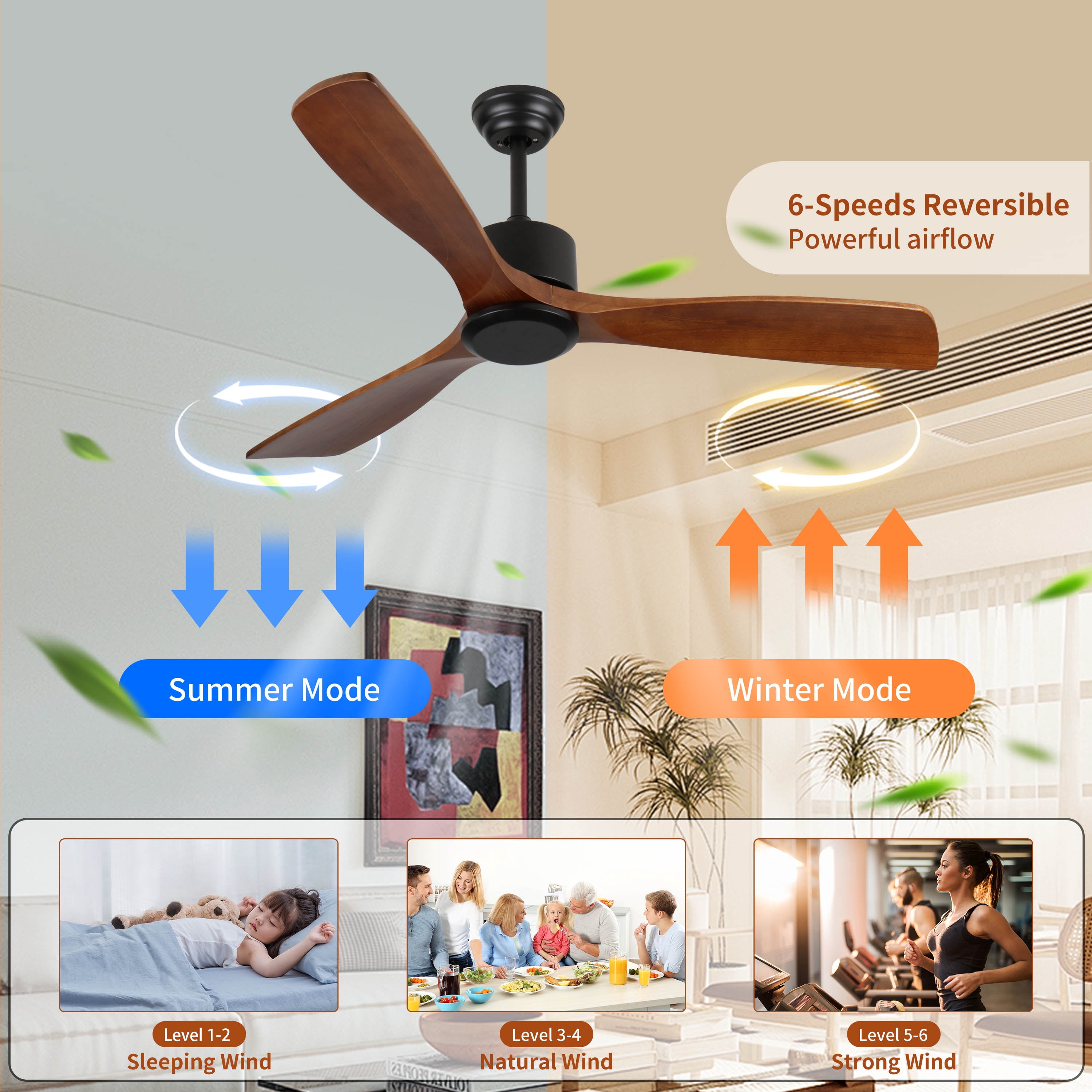 Miniyam 52" Wood Ceiling Fan NO Light, 3 Reversible Blades, with 6 Speeds Reversible DC Motor,Low Profile Ceiling Fan with No Light for Living Room Kitchen Bedroom