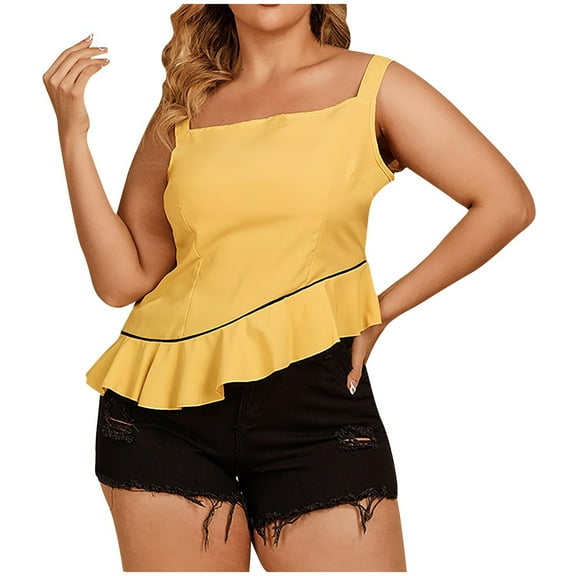 Sleeveless Tanks Tops for Women Square Neck Loose Plus Size Shirts Tops Irregular Ruffle Hem Casual Comfy Tank Vest