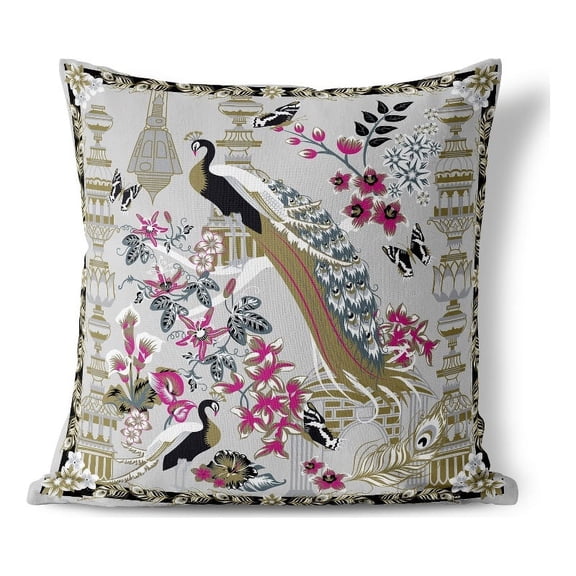 Peacock Paradise Indoor/Outdoor Pillow with Removable Cover in Gray 16x16