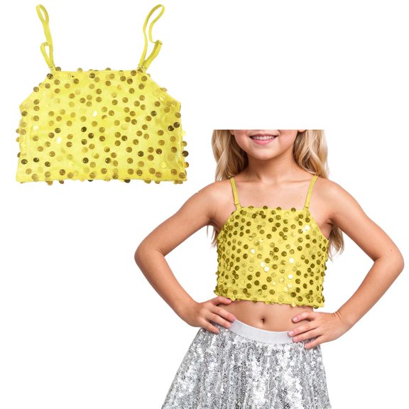 Sparkle Sequins Tank Tops for Girls Sleeveless Spaghetti Strap Girls Cami Cheer Jazz Performance