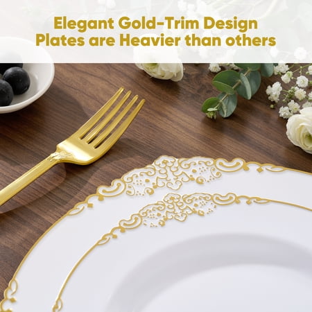 DALUVENIX 350 PCS GOLD PLASTIC DINNERWARE SET FOR 50 GUESTS,  DISPOSABLE DINNERWARE SETS INCLUDE 100 GOLD RIM PLASTIC PLATES, 50 SILVERWARES, 50 CUPS, AND 50 NAPKINS FOR PARTY, WEDDING, HOLIDAYS