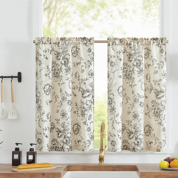 Linen Kitchen Curtains Floral Tier Curtains 36 Inch Farmhouse Botanic Cafe Curtains Small Window Curtains Rustic Half Window Curtains for Living Room Bathroom Laundry 2 Panels Black on Beige