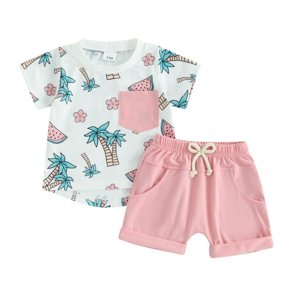 Musuos Toddler Boys 2 Piece Outfits 6 12 18 24M 3T Tree Print Short Sleeve T-Shirt and Elastic Shorts for Summer Clothes Set