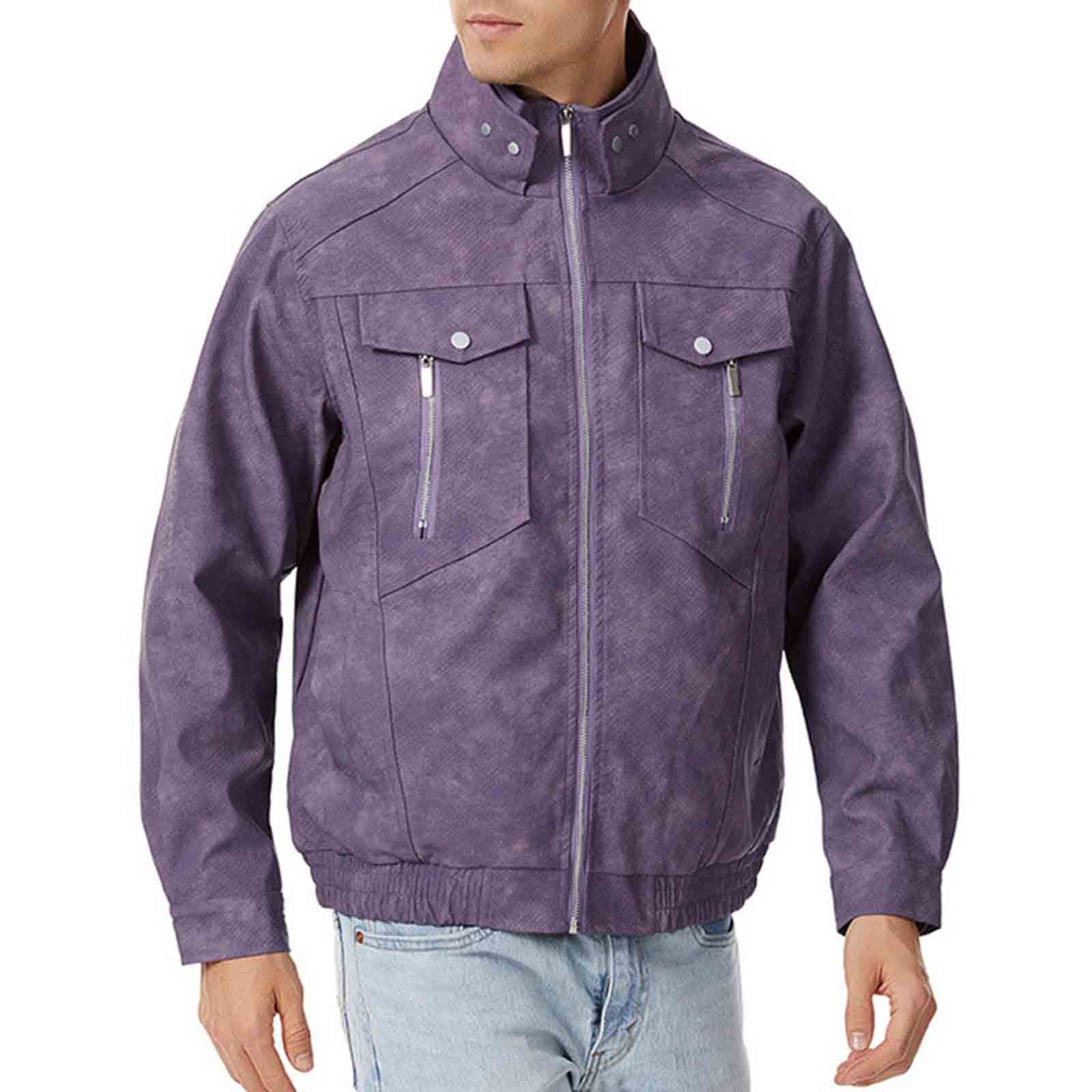 Abomasnow Men's Big & Tall Faux Leather Denim Jacket Vintage Zip Up Turtleneck Jean Jacket with Multiple Pockets M-4XL