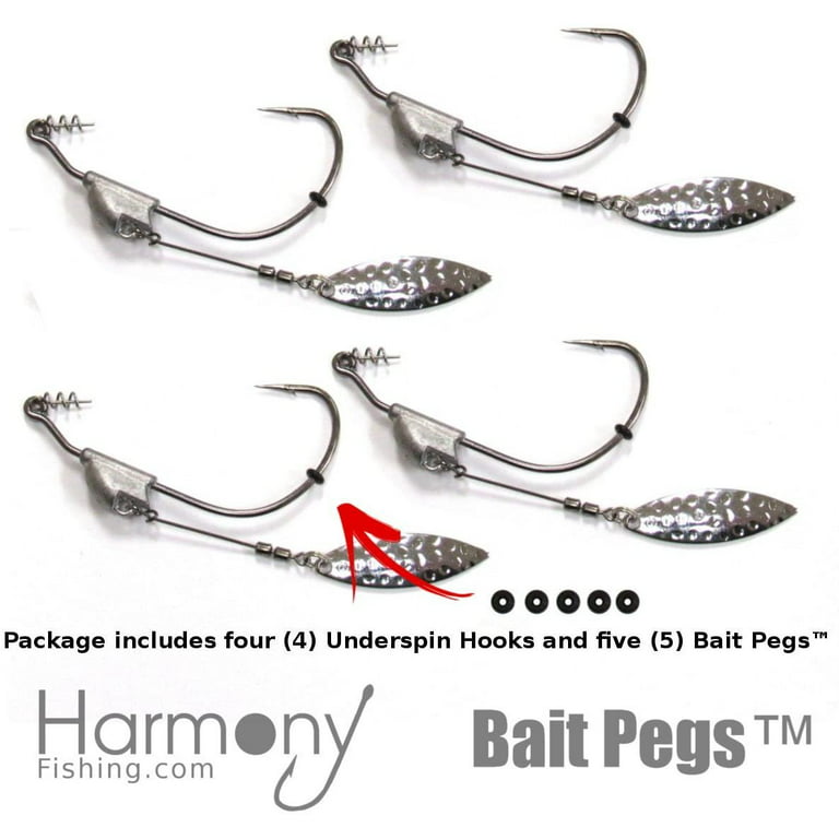 Harmony Fishing - Razor Series Underspin Swimbait Hooks (4 Pack w/ 5 Bait Pegs) - Swimmer Hooks with Flashy Willow Spinner Blades (1/4 oz, 3/0 Hook)