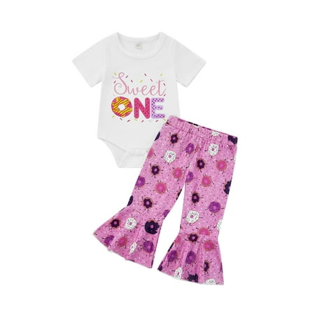 

Suanret 2Pcs Infant Baby Girls Clothes Sets Short Sleeve Letter Printed Romper Tops + Printed Flared Long Pants Pink 12-18 Months