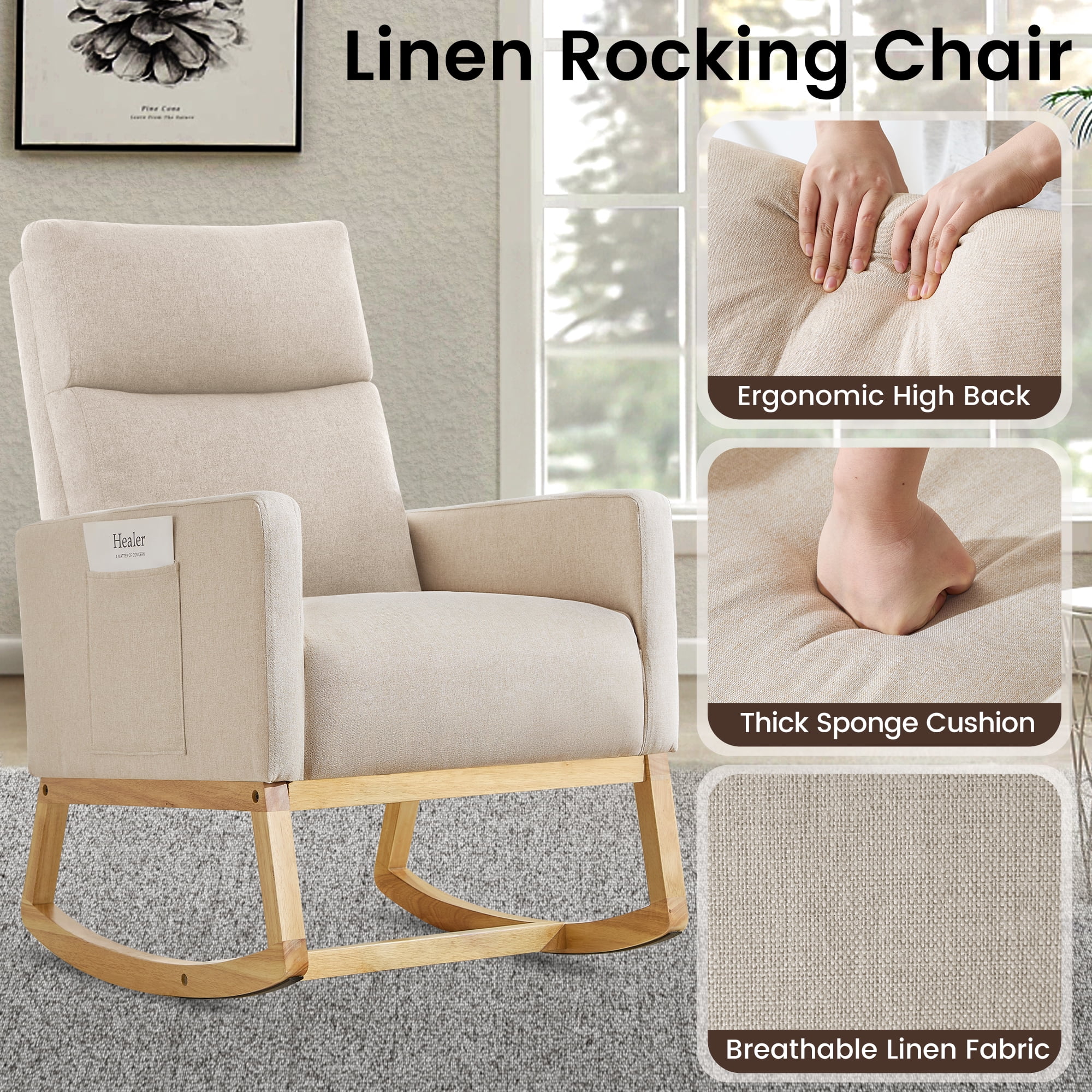 SAETSFEG Rocking Chair Nursery, Comfortable Upholstered Glider Rocker Chairs Indoor for Adults, Mid-Century Modern Nursing Accent Rockers for Living Room, Bedroom, Beige