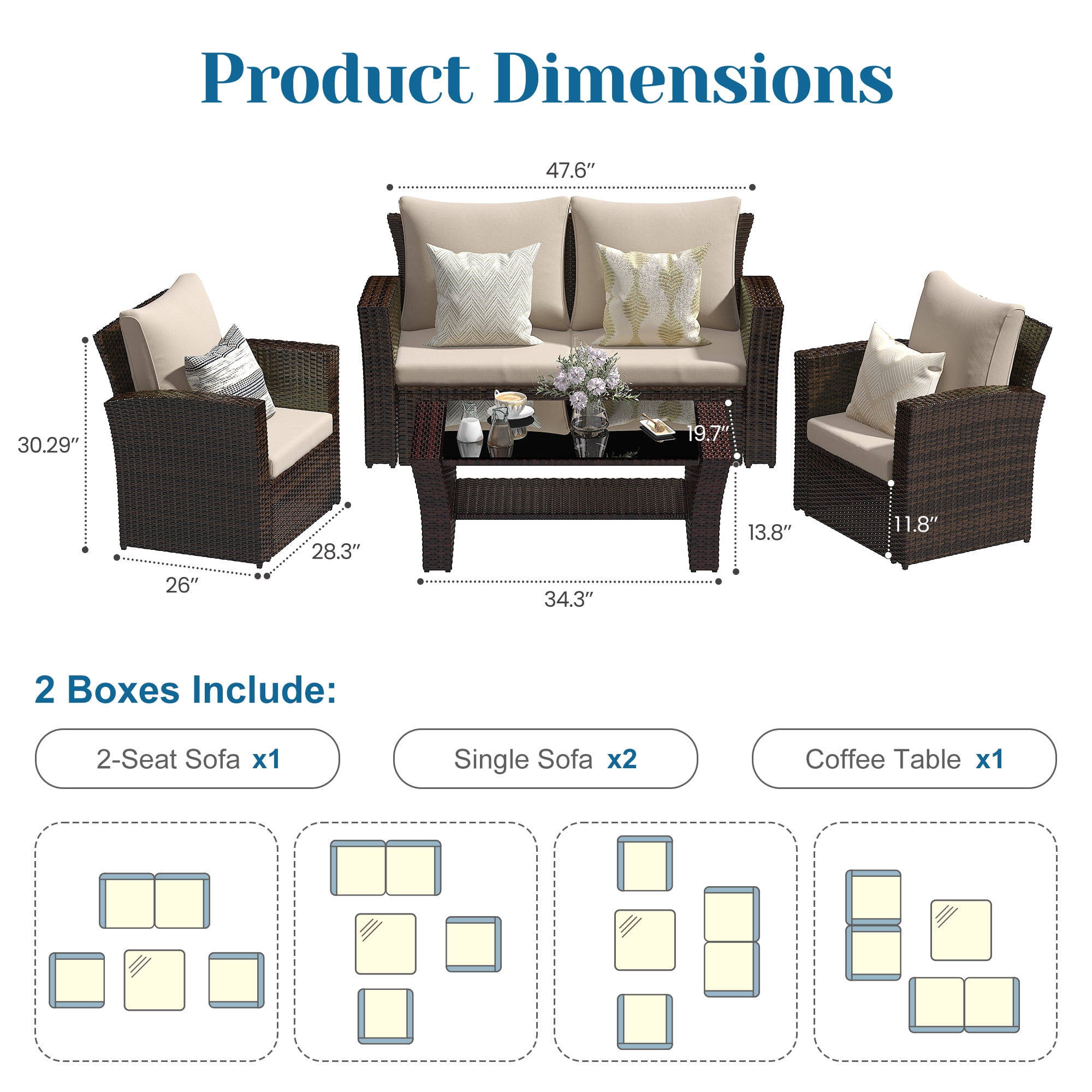 Superjoe 4-Piece Outdoor Patio Furniture Set, Rattan Wicker Sectional Sofa Set with Coffee Table,Brown