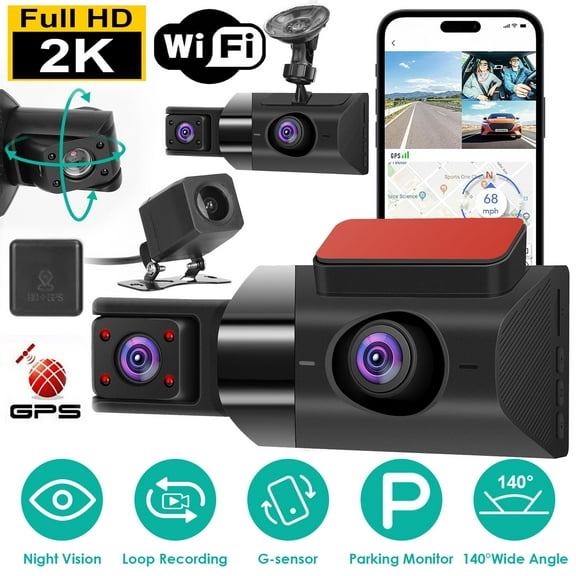 Moclever 2K Car DVR 3 Channel Dash Cam Camcorder Camera Recorder with 140° Angle GPS WiFi Night Vision G-sensor Loop Recording Parking Monitor