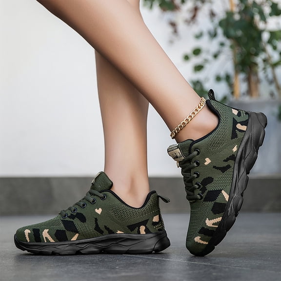 Breathable Knit Sneakers for Women Men, Lightweight Flexible Running Shoes with Camo Print, Comfortable Fashion Sport Walking Athletic Shoes
