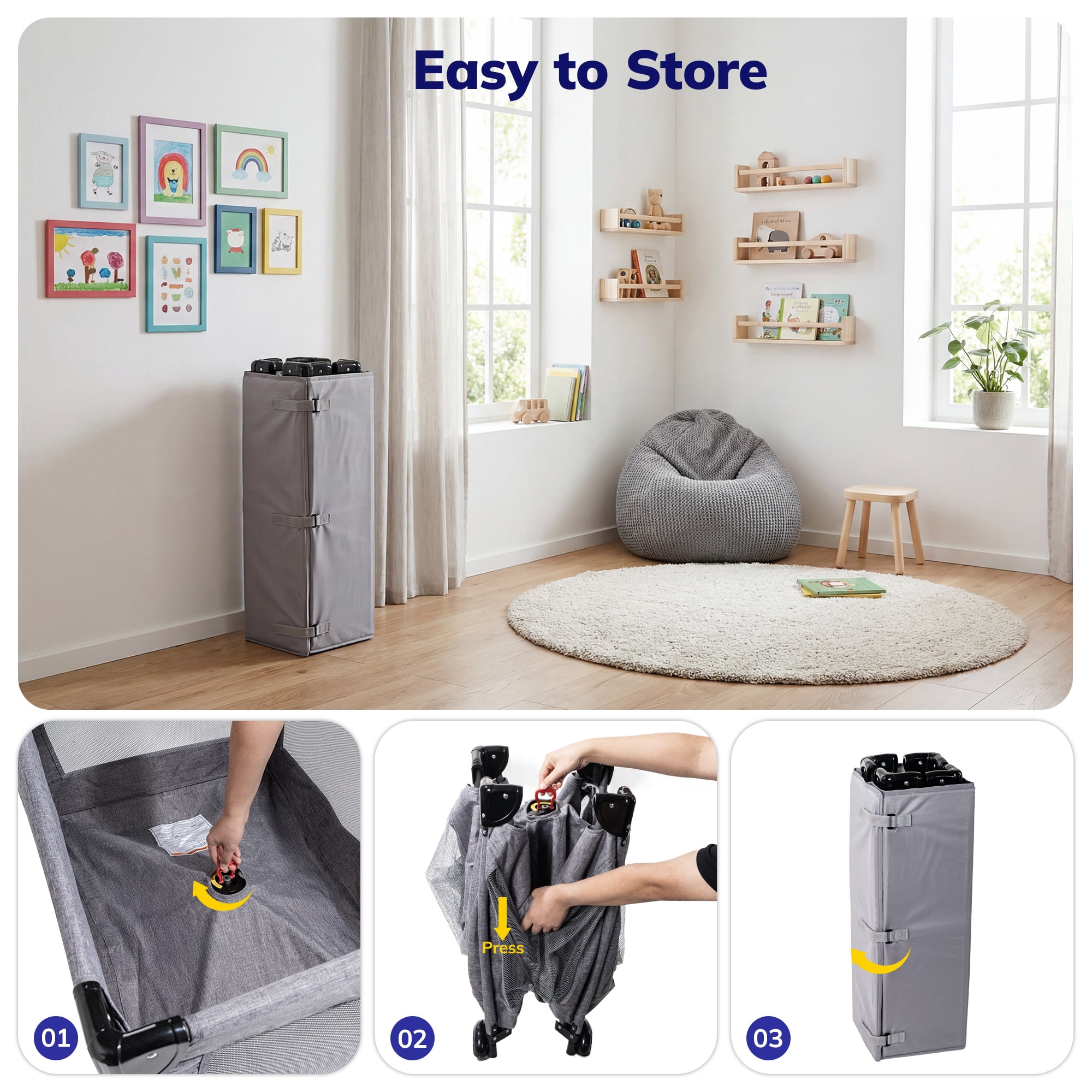 SACVON Baby Playard with Detachable Infant Bassinet and Changing Table, Foldable Travel Play Yard with Storage Basket and Wheels, Gray