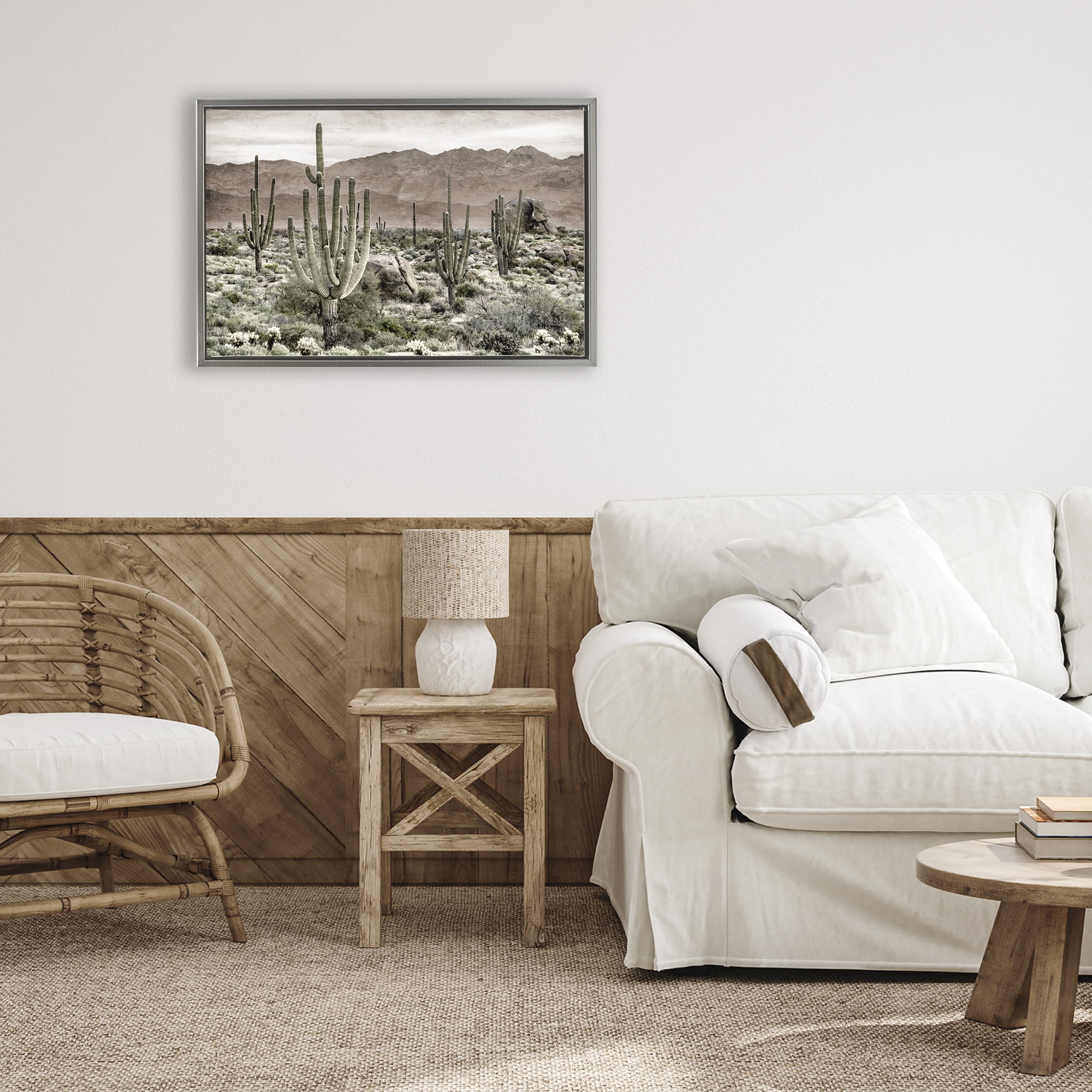 Stupell Industries Desert Land Cacti Wilderness Gray Framed Floater Canvas Wall Art, design by Kim Allen