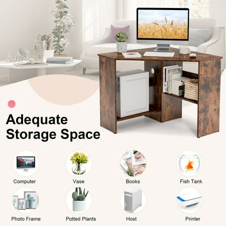 Costway Corner Computer Desk Triangle Writing Workstation w/Storage Shelf Rustic - Rustic Brown